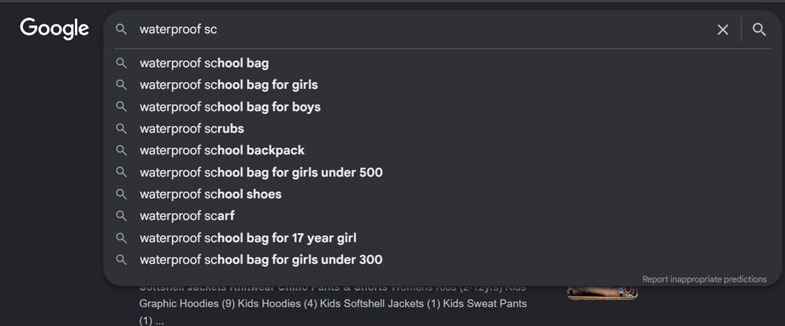 screenshot of google search for kids school bag